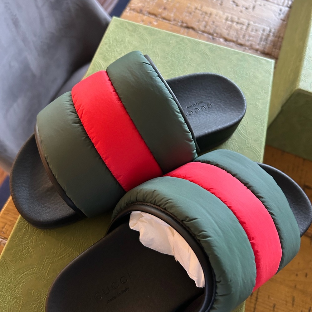 Gucci Padded Slide Sandals in Green and Red
